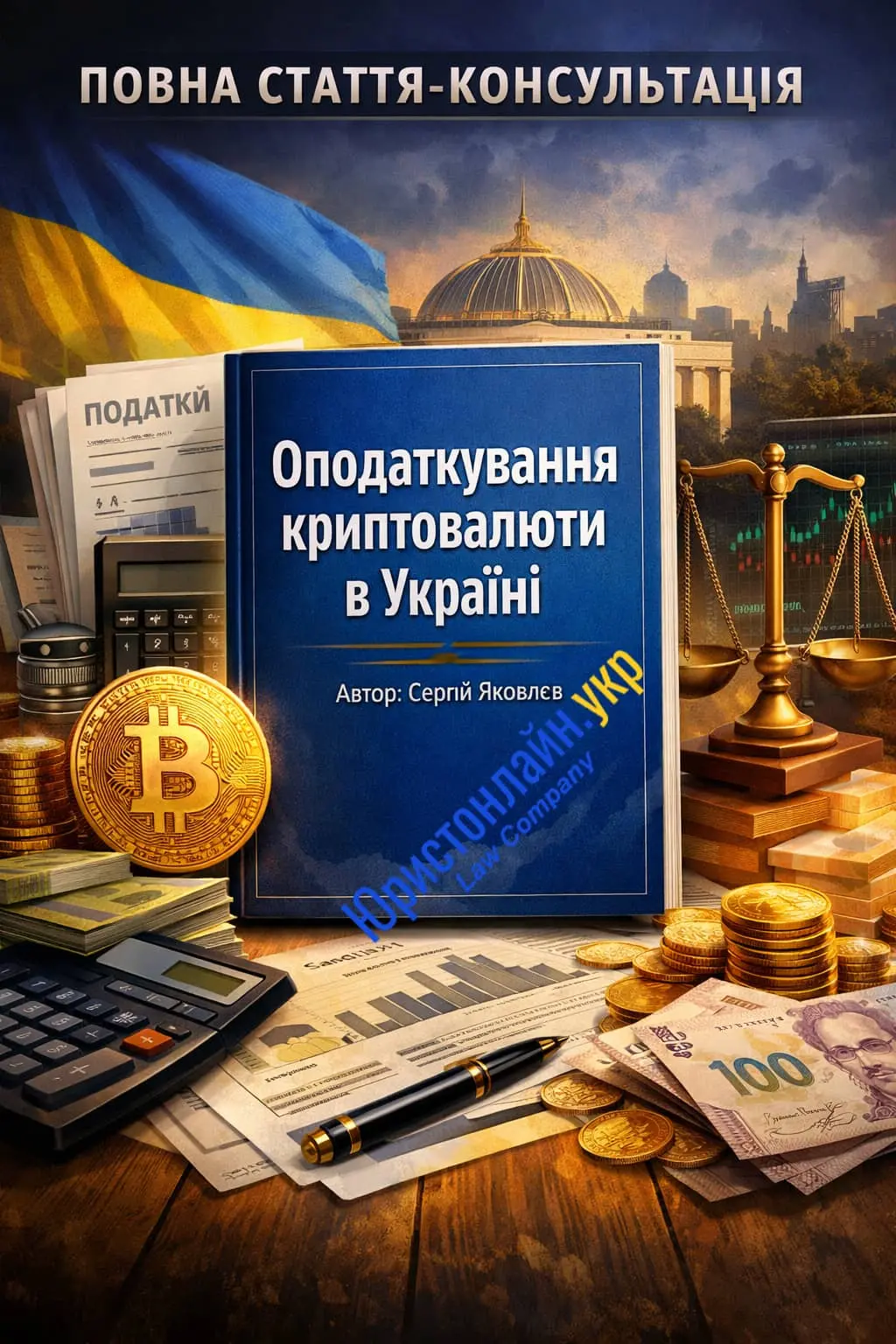 Брошура «Оподаткування криптовалюти в Україні» на столі серед символів криптовалюти, готівки, графіків й українського прапора на задньому плані