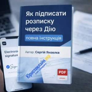 На фоні смартфона із відкритим додатком Дія.Підпис брошура з назвою «Як підписати розписку через Дію» - інструкція з електронного підпису позики