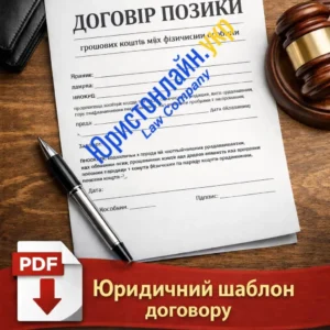 Договір позики - юридичний шаблон з назвою українською мовою поряд з ручкою, окулярами, грошима та суддівським молотком на дерев'яній поверхні