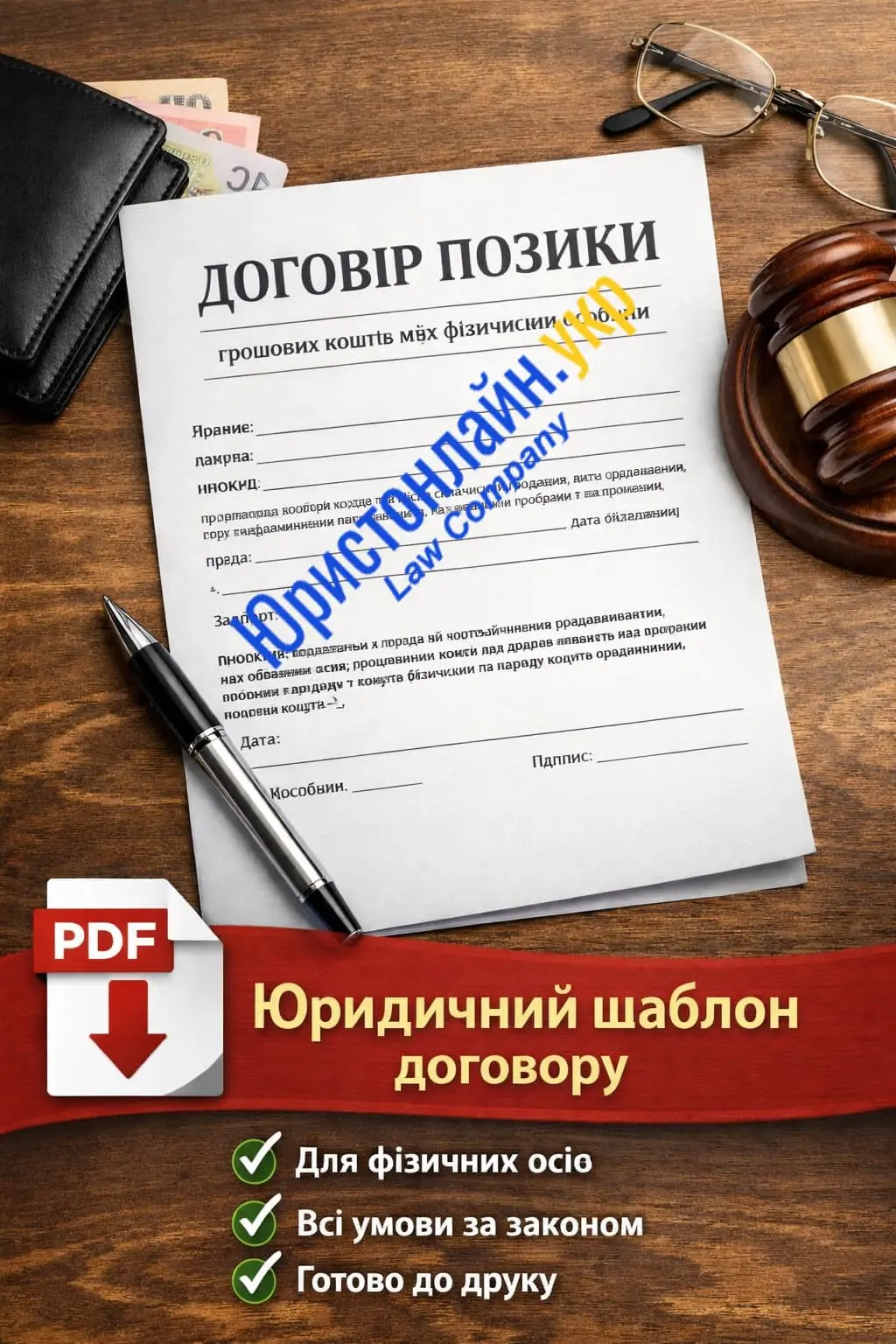 Договір позики - юридичний шаблон з назвою українською мовою поряд з ручкою, окулярами, грошима та суддівським молотком на дерев'яній поверхні