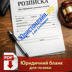 Юридичний документ "Розписка про отримання грошей" на столі поряд з ручкою, очками, суддівським молотком та готівкою