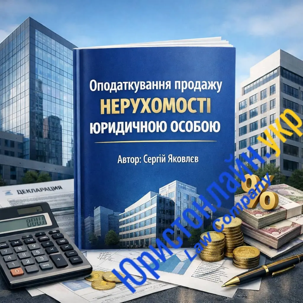 Брошура «Оподаткування операцій з нерухомістю юрособами» на столі з калькулятором, документами, монетами та макетом будинку, на задньому плані офісні будівлі